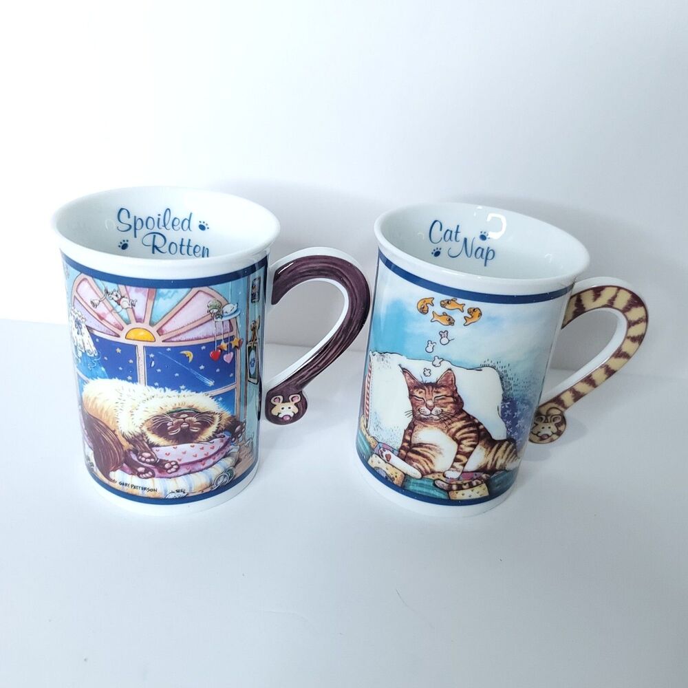 Gary Patterson Coffee Mugs Tea Cups Spoiled Rotten Cat Nap Lot Of 2 NEW